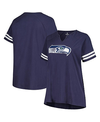 Женская темно-синяя рваная футболка размера плюс с вырезом реглан и вырезом «Сиэтл Сихокс» Fanatics