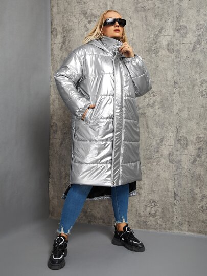 размера плюс Утепленная куртка с молнией асимметричный с капюшоном SHEIN