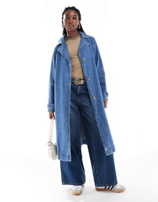 ONLY belted denim trench coat in mid wash   ONLY