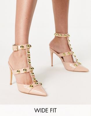 London Rebel wide fit studded strappy heeled shoes in beige London Rebel Wide Fit