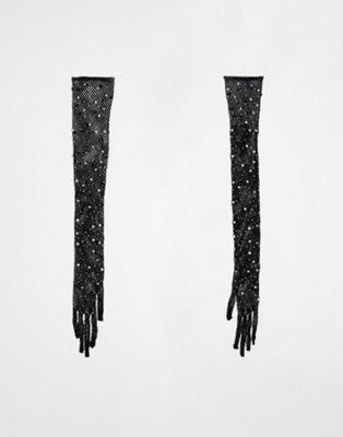 Сделано в. Черные длинные перчатки со стразами Madein.