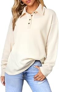 SHEWIN Polo Shirts for Women Casual Waffle Knit V Neck Collared Long Sleeve Shirt Button Tunics Tops Shewin