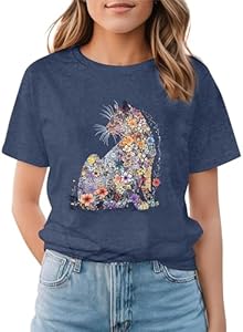 Cat Lady Shirts for Women Cut Cat Floral Printed Shirts Cat Mom T-Shirt Casual Short Sleeve Tops Lotucy