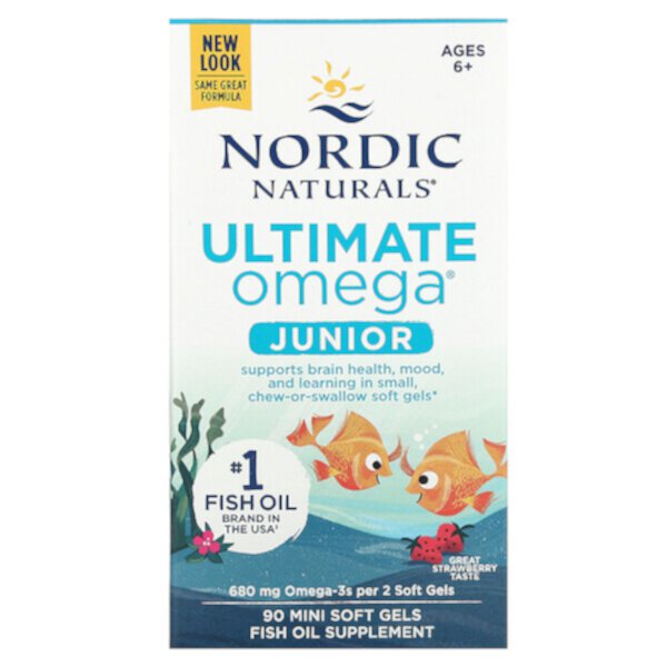 Ultimate Omega Junior, Возраст 6+, клубника, 680 мг, 90 мягких мини-желатиновых капсул (340 мг на мягкую желатиновую капсулу) Nordic Naturals