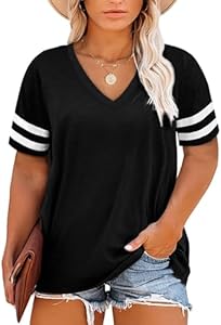 Happy Sailed Womens Plus Size Tunic Tops Summer Short Sleeve V Neck Striped Loose Casual Tee Shirt(1X-5X) Happy Sailed