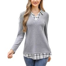 Women's Long Sleeve Contrast Collared Shirts Patchwork Work Blouse Tunics Tops Glorystar