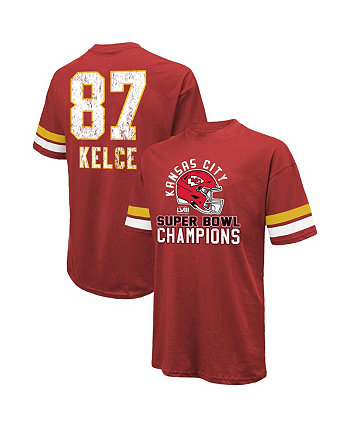 Мужские нитки Travis Kelce Red состаренная футболка Kansas City Chiefs Super Bowl LVIII с именем и номером оверсайз Majestic