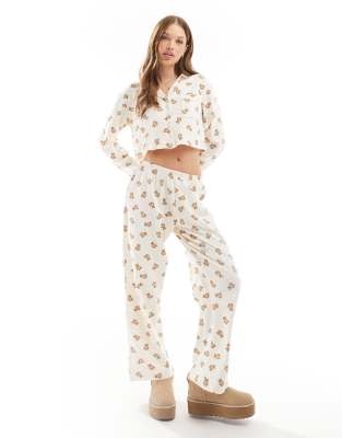 Wednesday's Girl teddy print long sleeve pajama set in cream Wednesday's Girl