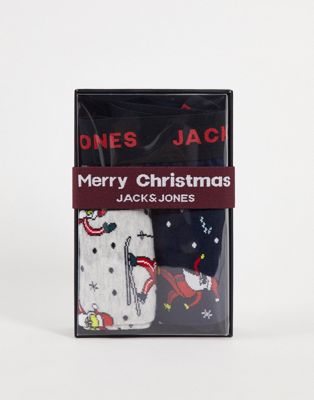 Рождественская подарочная коробка из трех трусов и носков Jack & Jones темно-синего цвета с принтом «Санта-лыжи» Jack & Jones