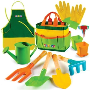 Kids Gardening Tool Set 12 PCS - Includes Shovel, Rake, Fork, Trowel, Apron, Gloves, Watering Can and Tote Bag - Wooden Gardening Tools for Kids - Play22USA Play22