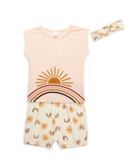 Маленькая девочка Sun &amp;3-Piece Футболка с радужным принтом, ободок для волос и усилитель; Комплект шорт PL Baby