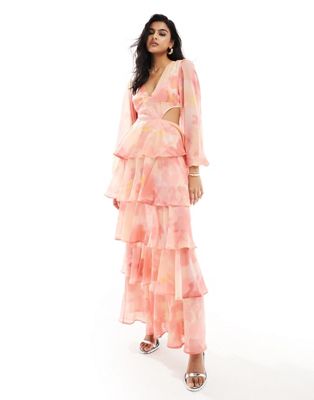 Розовое платье миди с объемными рукавами Pretty Lavish с цветочным принтом Pretty Lavish