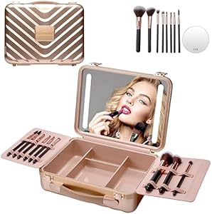 Mocado Travel Makeup Case with Lighted Mirror, Makeup Box with 8 Makeup Brushes and 10x Magnifying Mirror,Cosmetic Case Adjustable Brightness Makeup Train Case with Makeup Brushes Divider(Black) Mocado