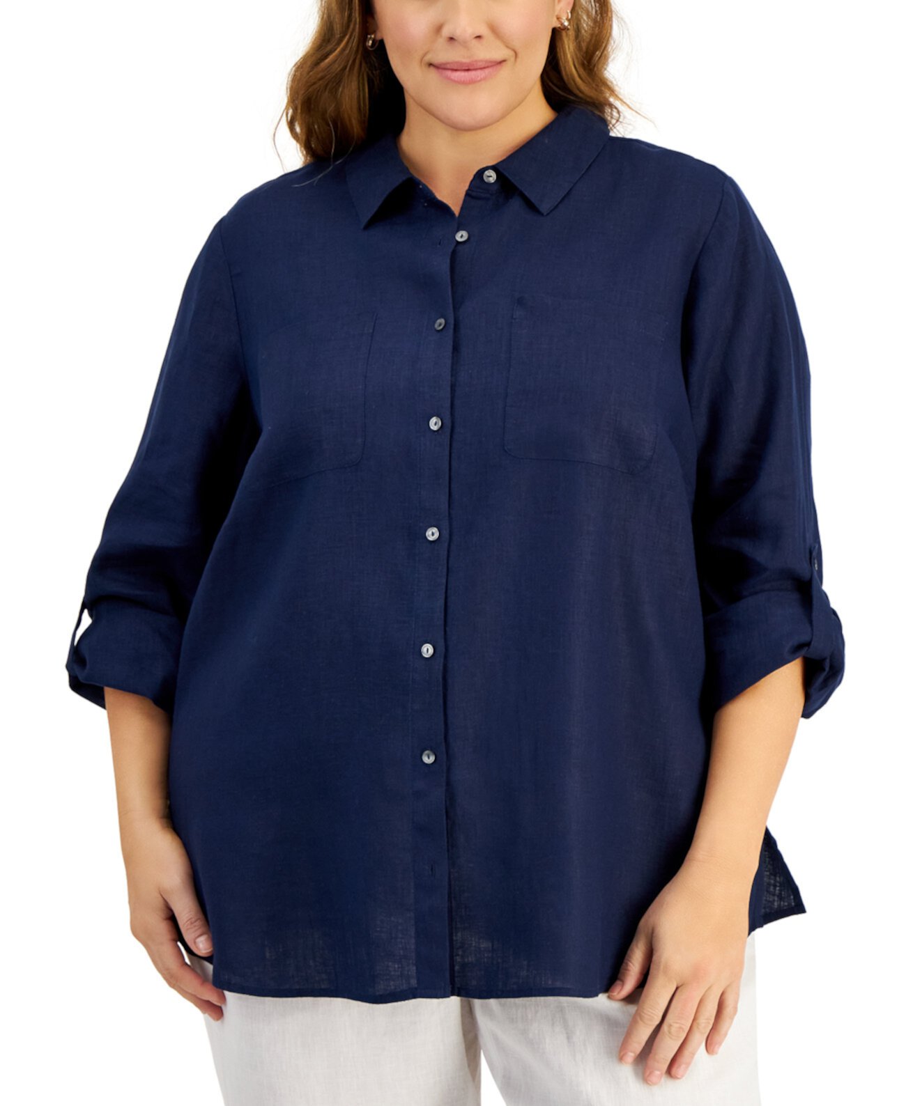 Рубашка больших размеров из 100% льна с отворотами, созданная для Macy's Charter Club