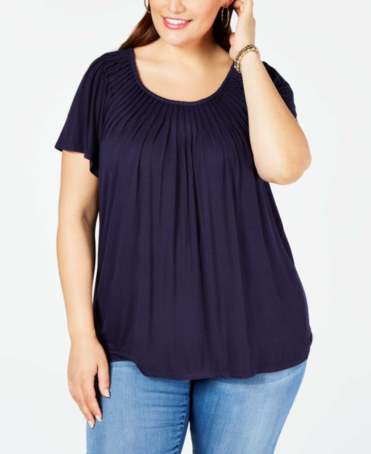 Plus Size Solid Pleat-Neck Top, Created for Macy's Style & Co
