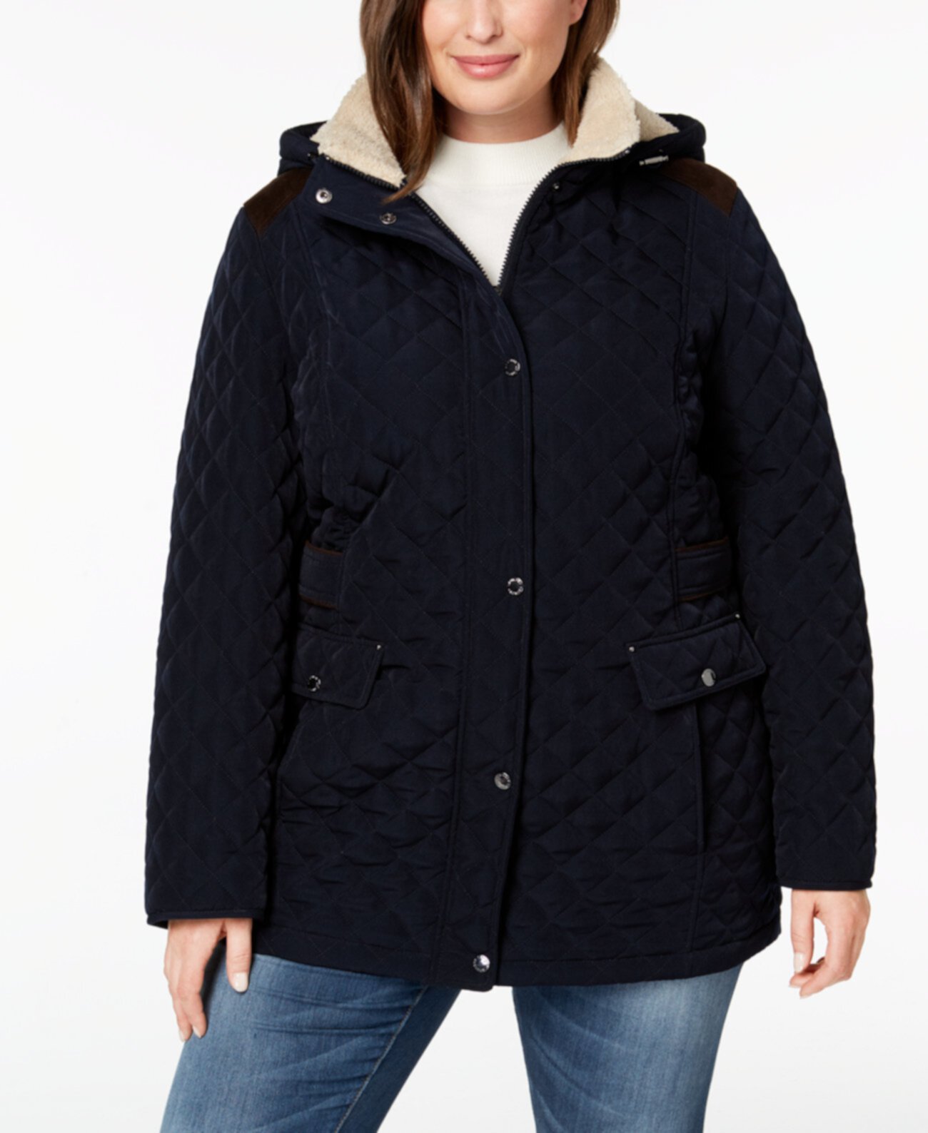 Plus Size Faux-Suede-Trim Sherpa-Lined Hooded Quilted Jacket Laundry by Shelli Segal