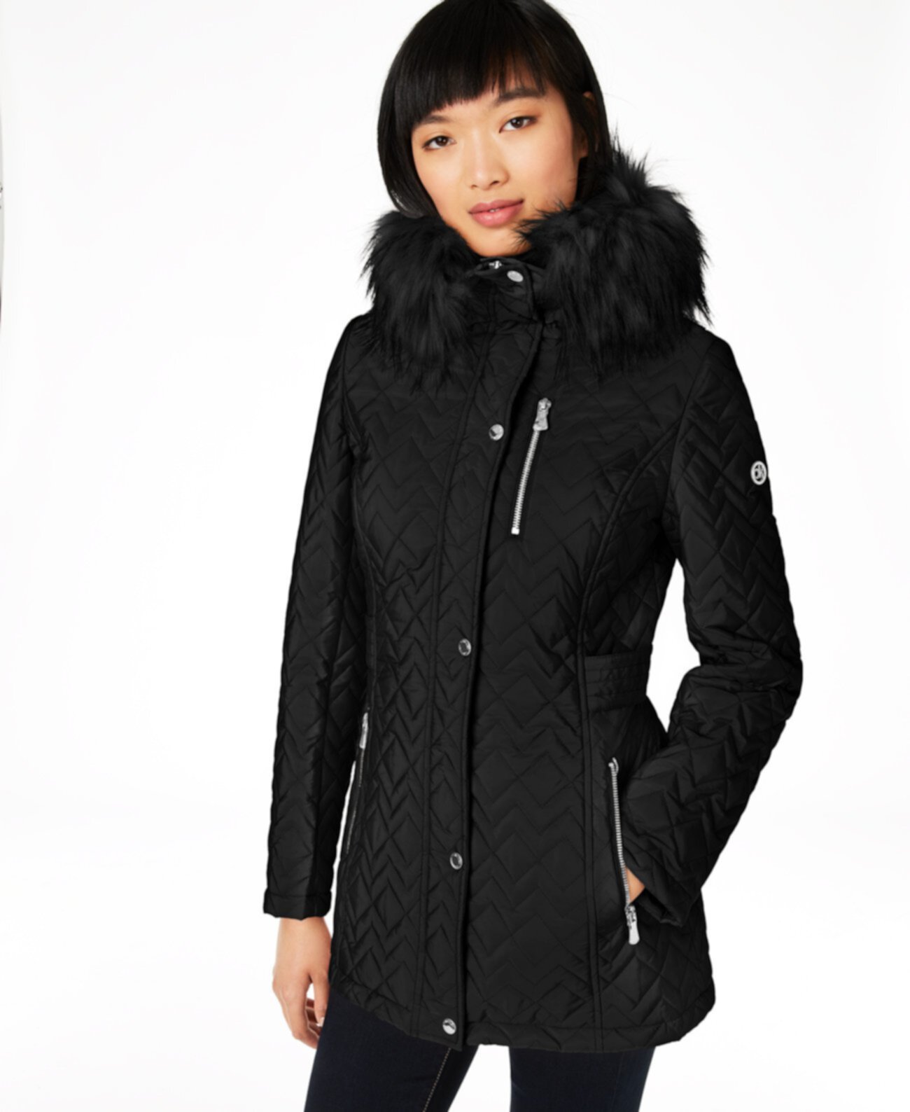 Стеганое пальто из искусственного меха с капюшоном Calvin Klein