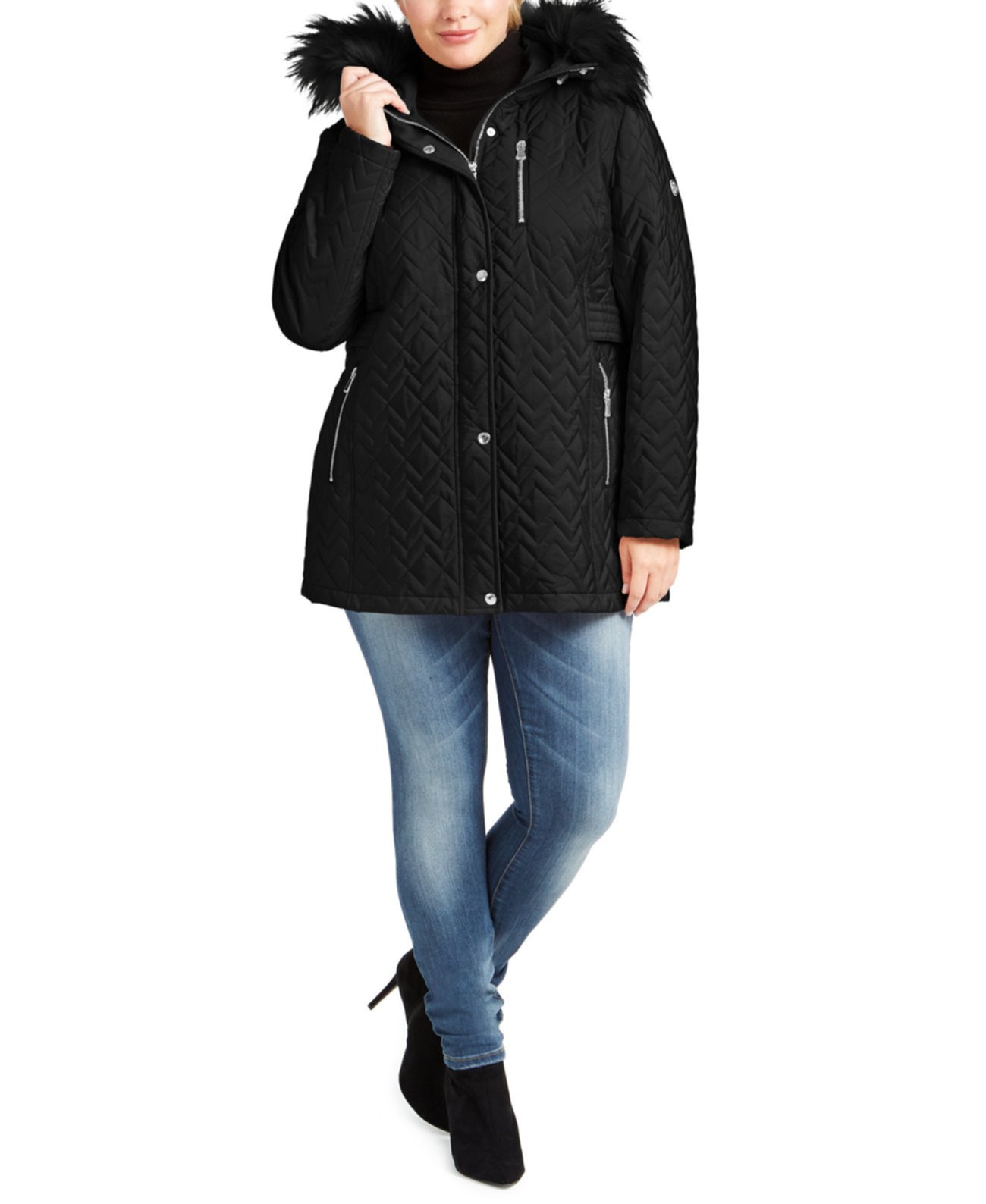 Plus Size Faux-Fur-Trim Hooded Quilted Jacket Calvin Klein