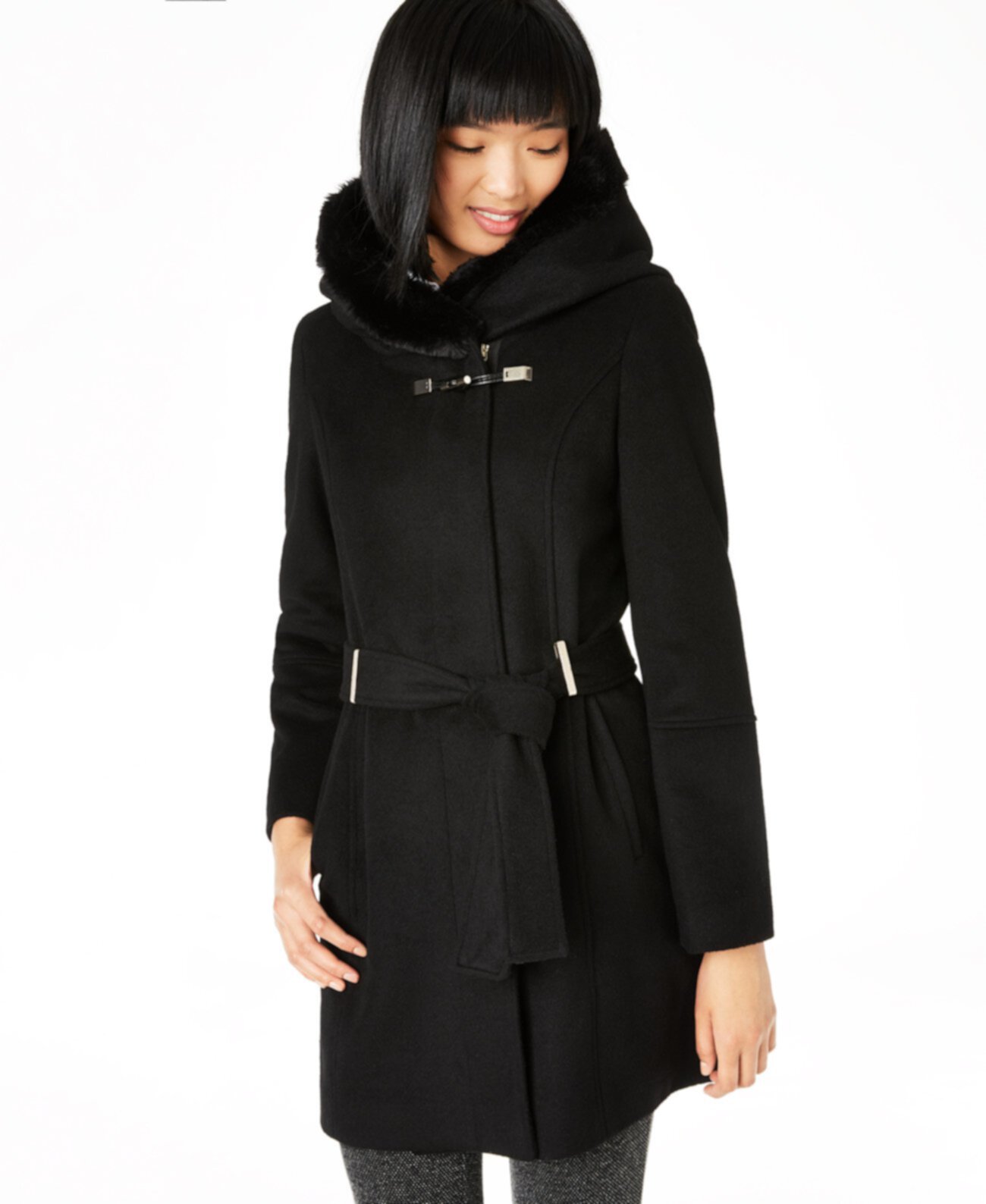Асимметричное пальто с поясом и капюшоном из искусственного меха Calvin Klein