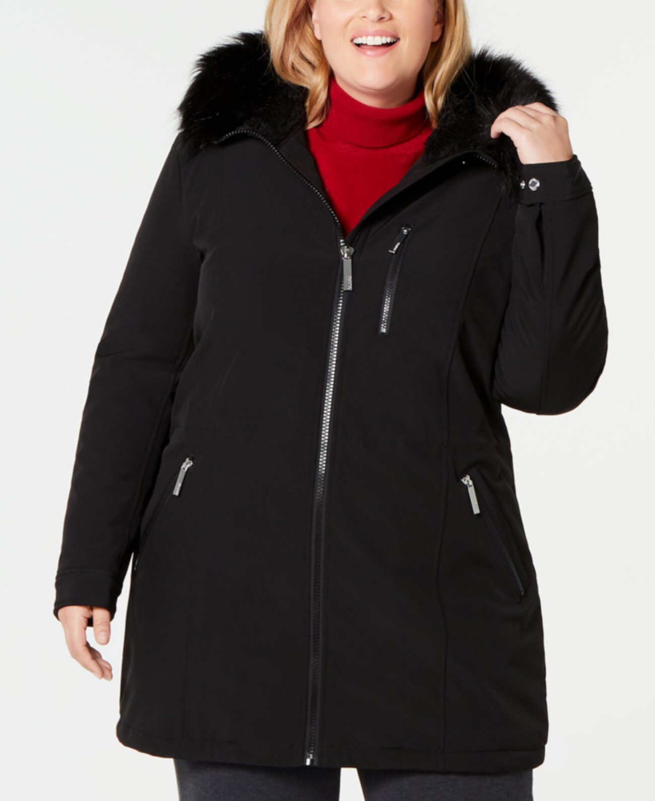 Plus Size Faux-Fur-Trim Hooded Raincoat Calvin Klein