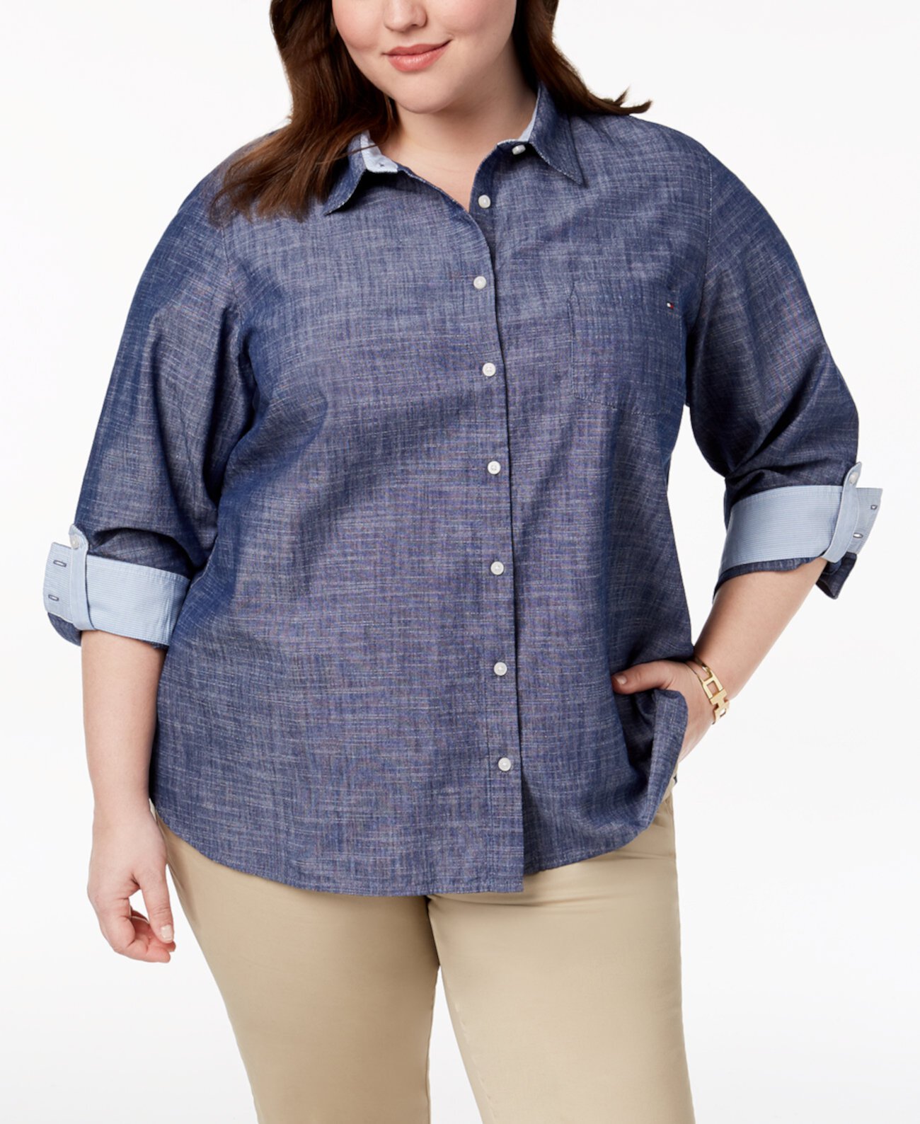 Рубашка большого размера из хлопка и шамбре с закрученными рукавами, создана для Macy's Tommy Hilfiger