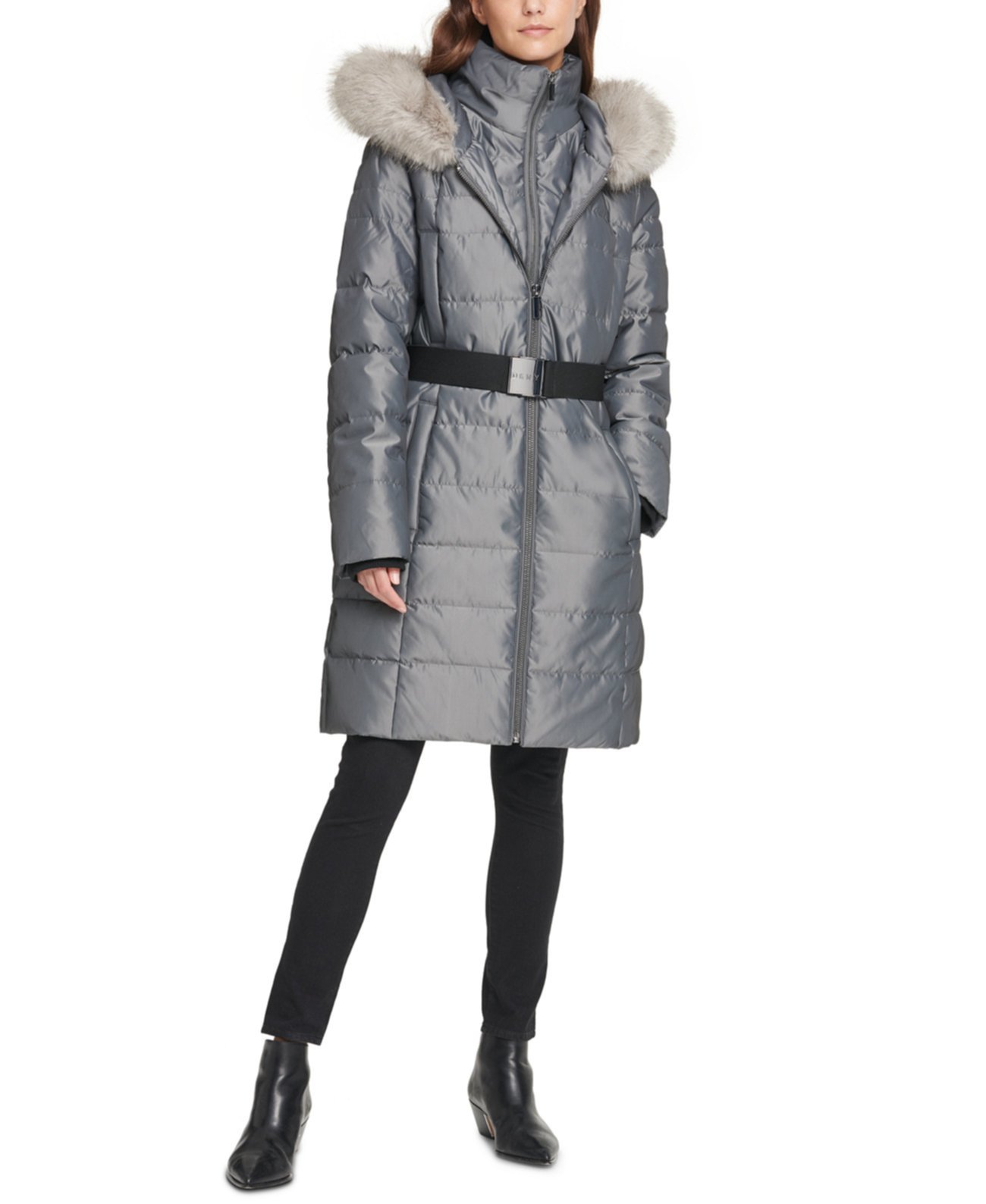 Переливающееся пальто из искусственной меха с капюшоном DKNY