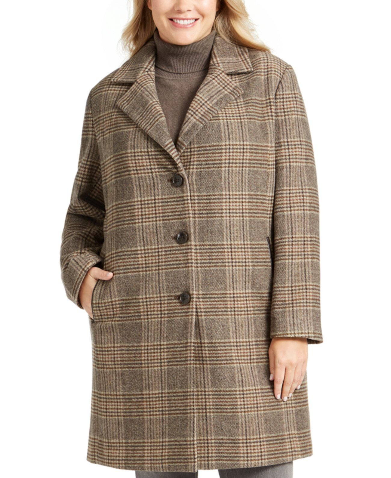 Plus Size Plaid Faux-Leather Trim Walker Coat, Created for Macy's DKNY