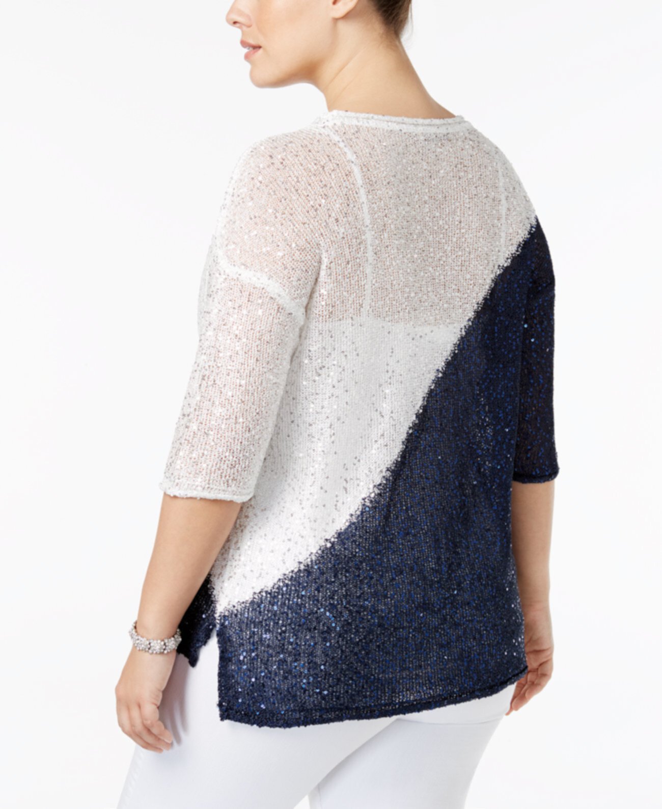 Plus Size Colorblocked Sequin-Knit Sweater Belldini