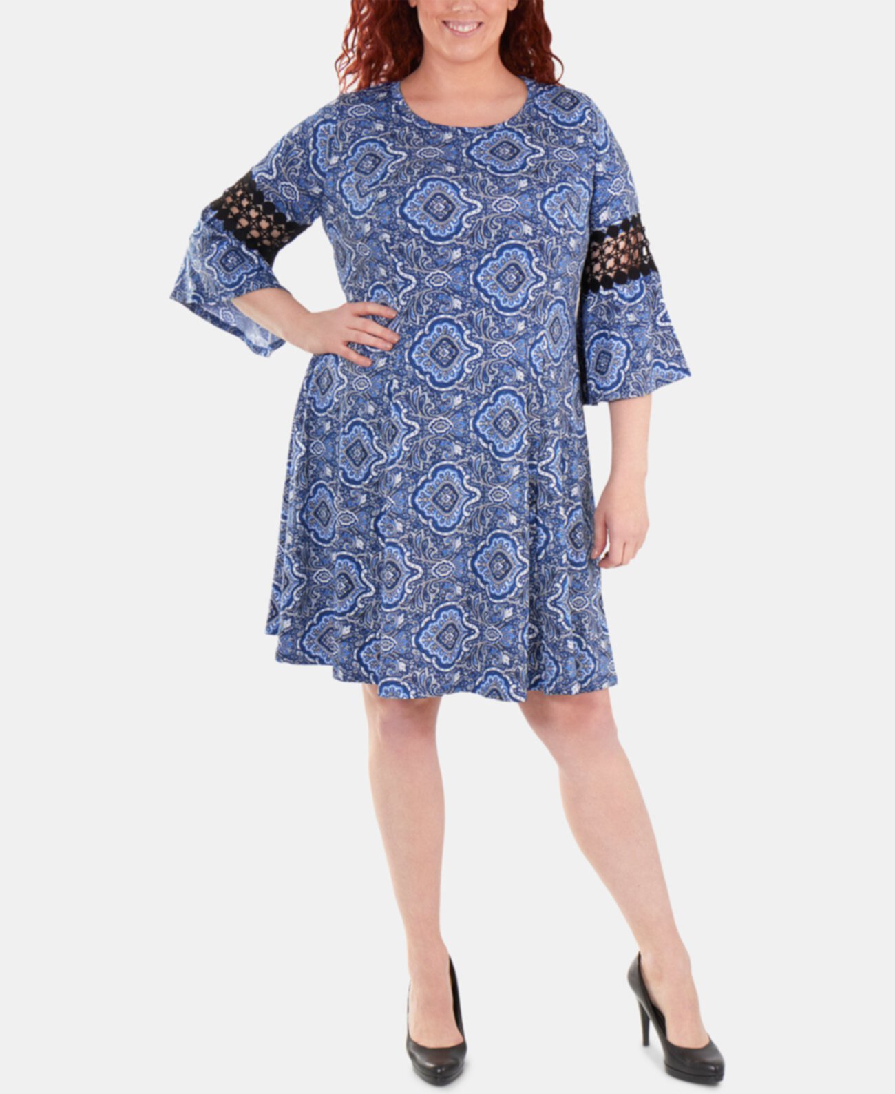 Plus Size Crochet-Trimmed Bell-Sleeve Dress NY Collection