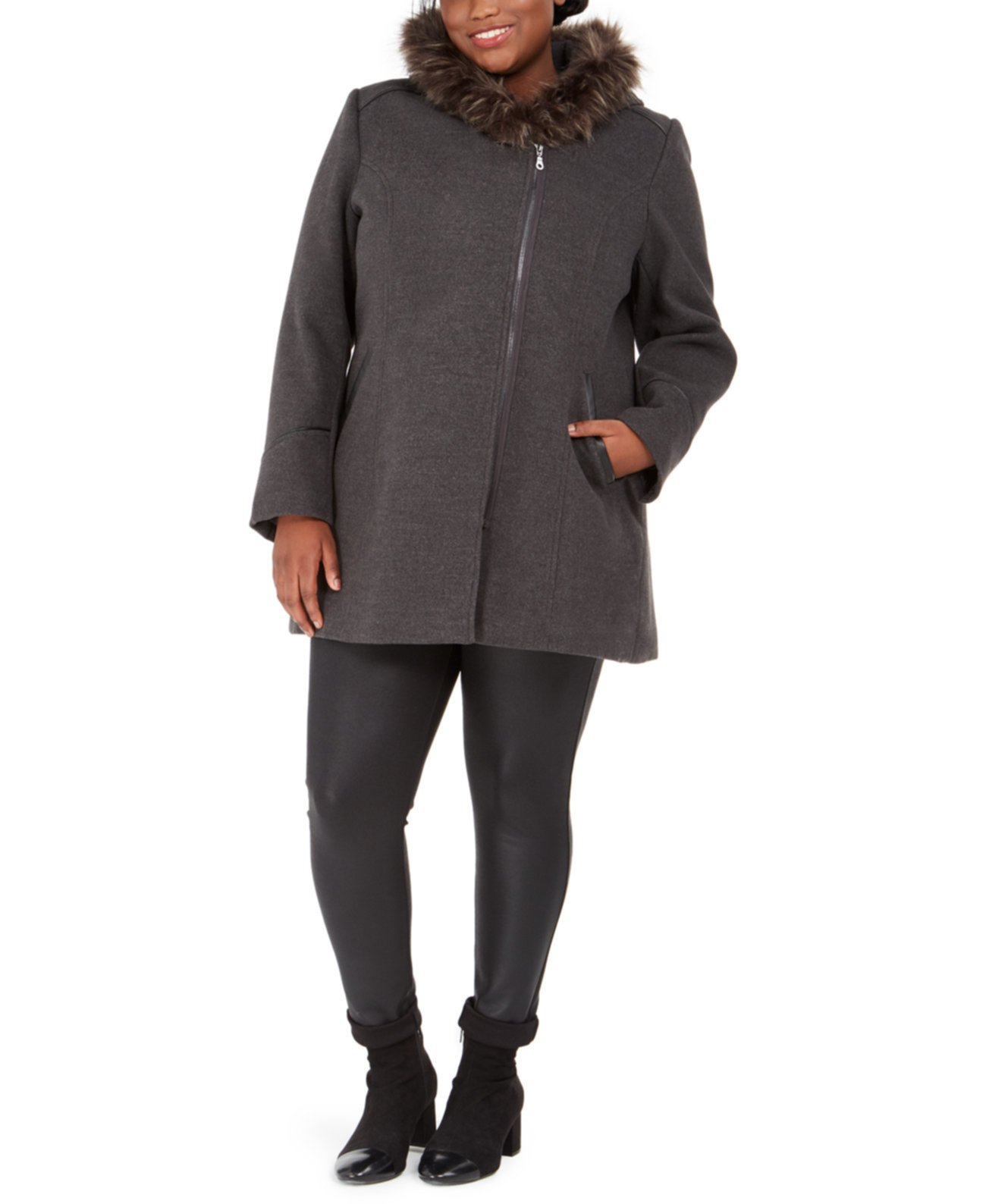 Juniors' Plus Size Asymmetrical-Zip Faux-Fur-Trim Hooded Coat Maralyn & Me