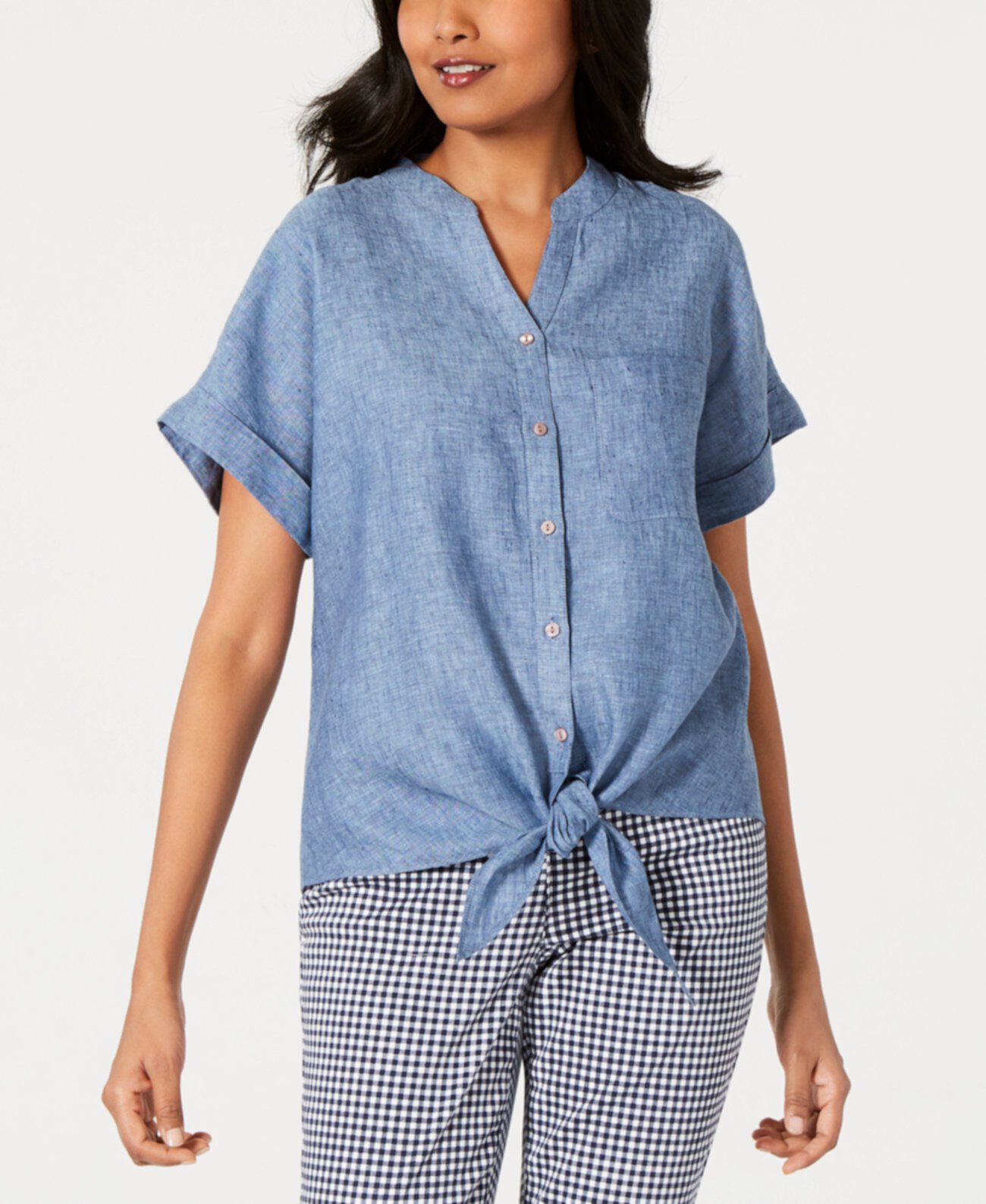 Petite Linen Tie-Front Shirt, Created for Macy's Charter Club