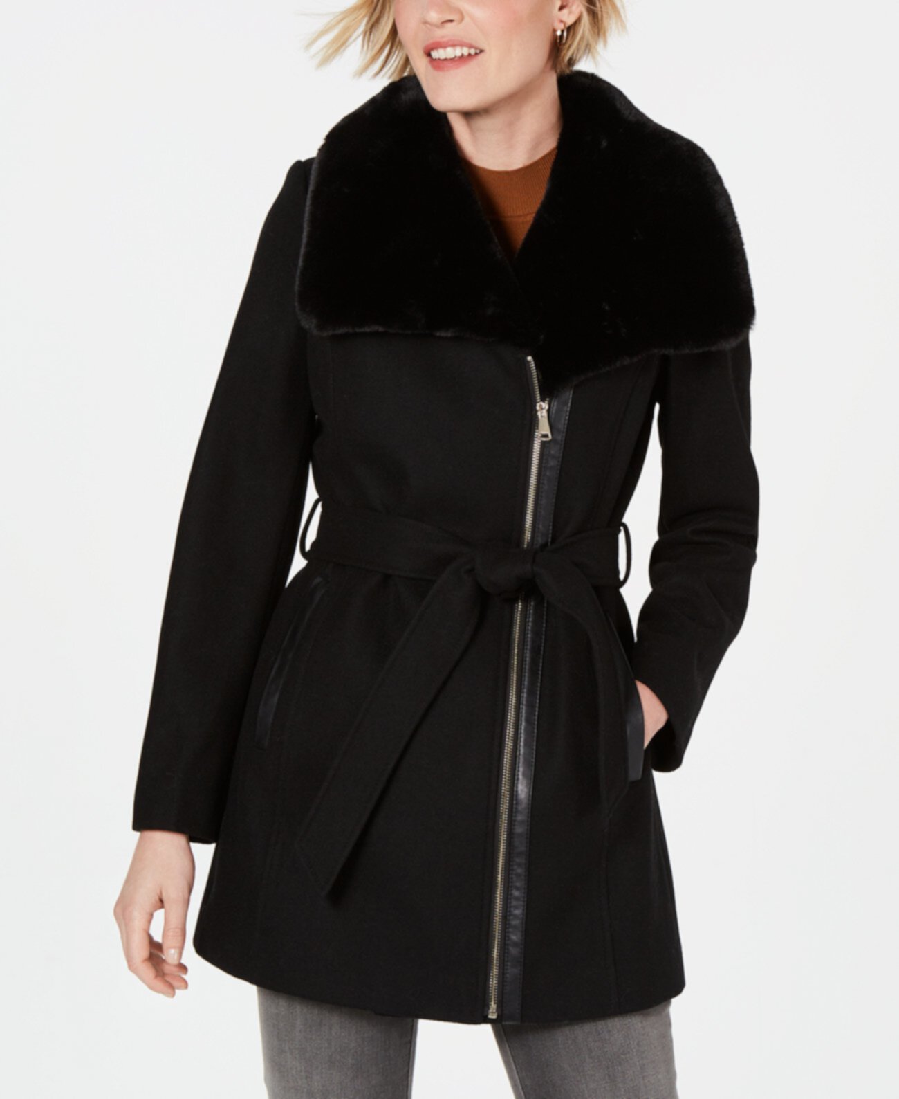 INC Асимметричное пальто с поясом из искусственного меха и воротником, созданное для Macy's INC International Concepts