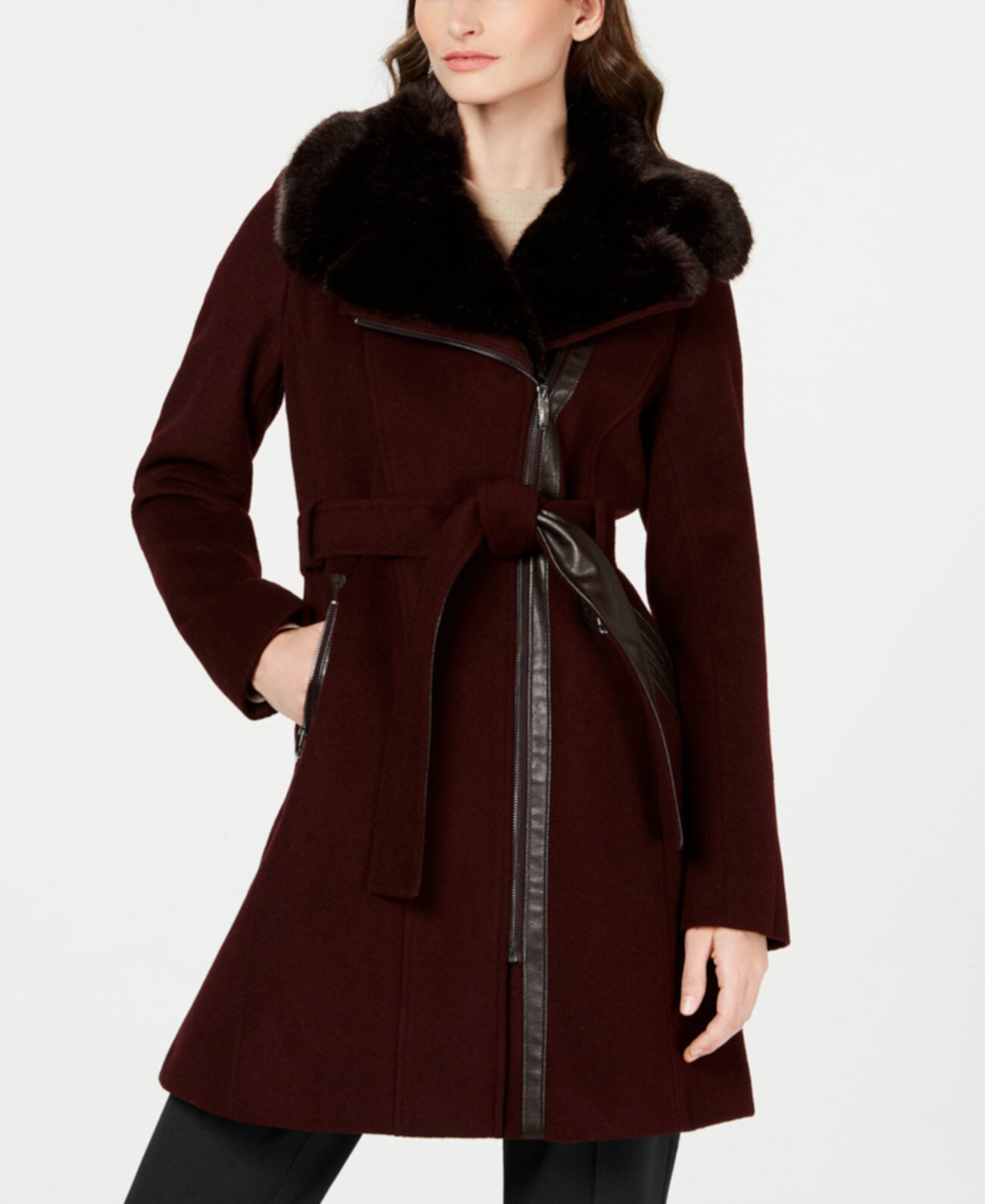 Асимметричное пальто с поясом из искусственного меха и воротником, созданное для Macy's Via Spiga