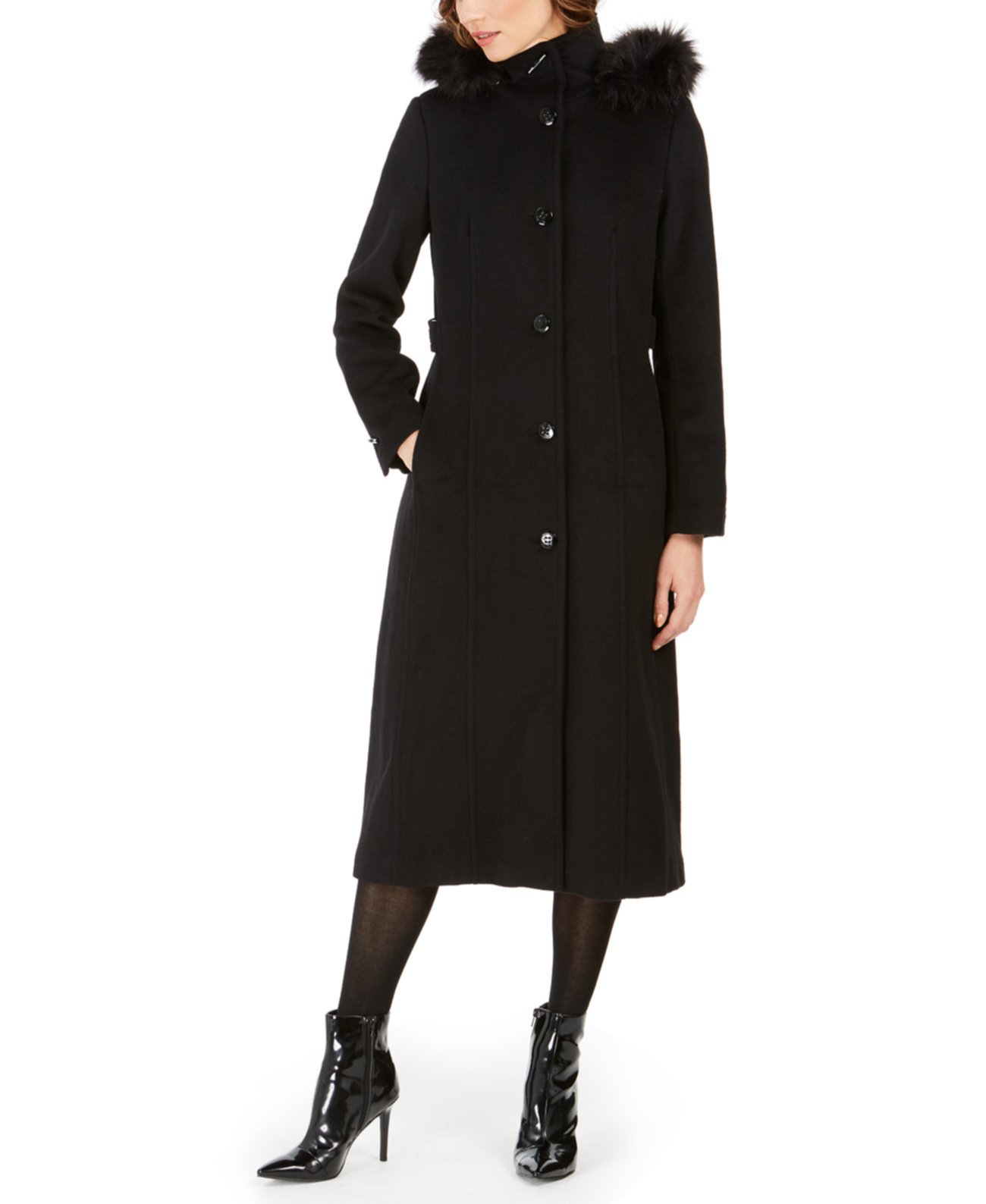 Однобортное пальто с капюшоном и отделкой из искусственного меха Calvin Klein