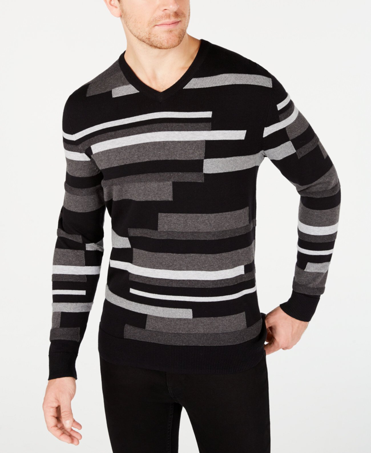 Мужской текстурированный полосатый свитер с v-образным вырезом, созданный для Macy's Alfani