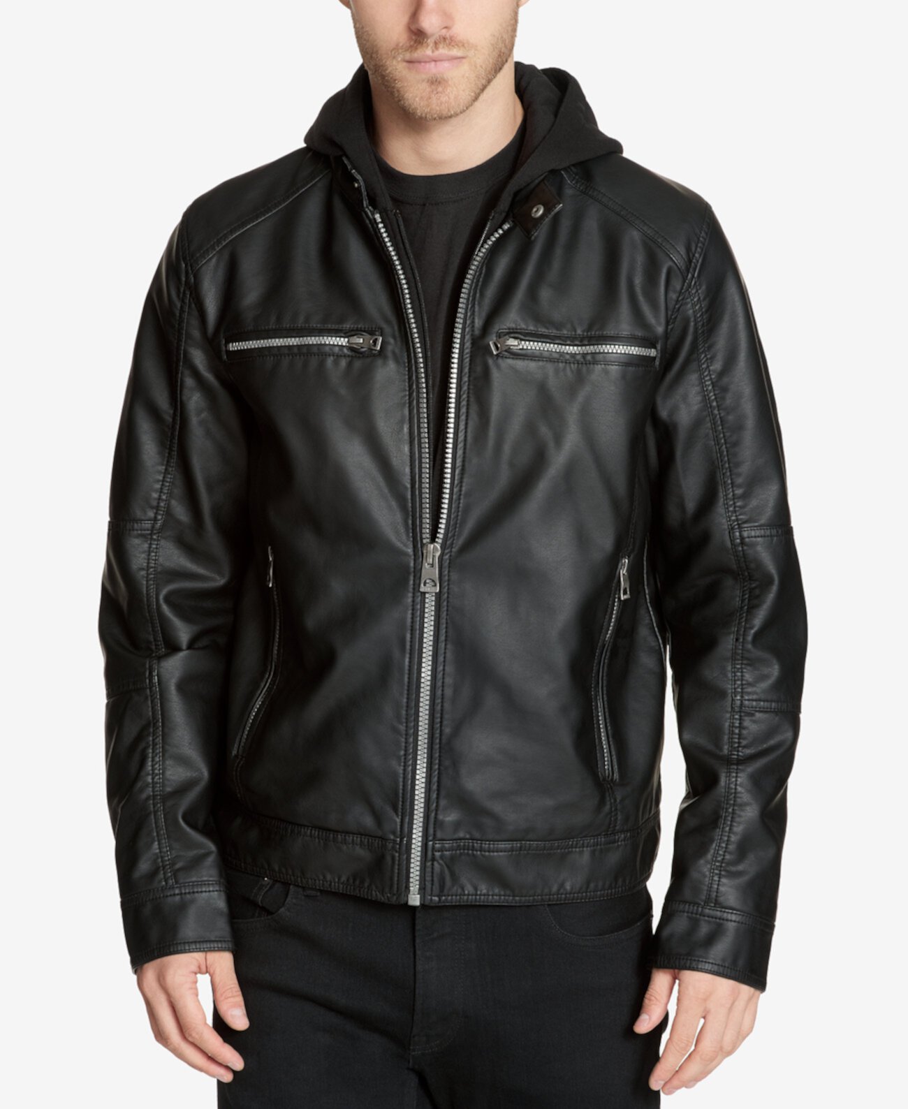 Мужская мотоциклетная куртка со съемным капюшоном из искусственной кожи GUESS