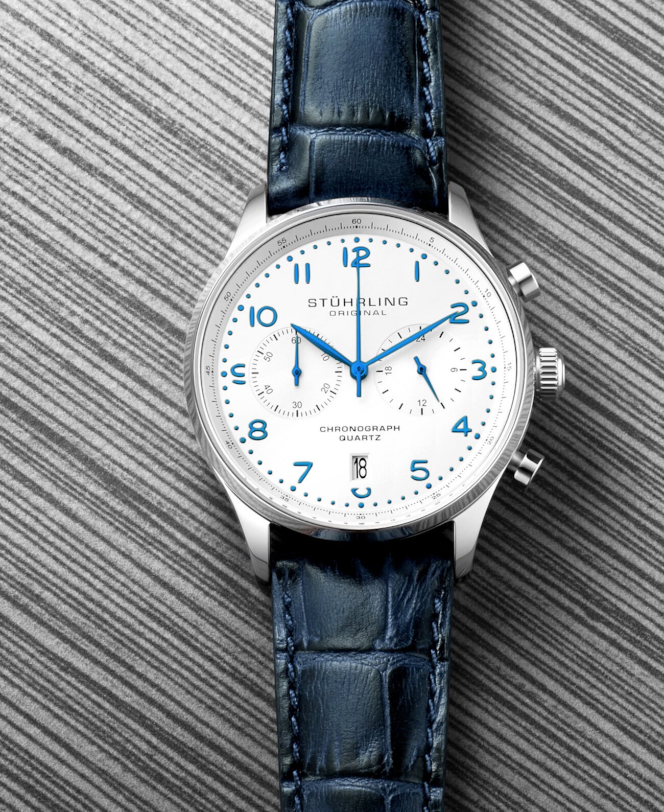 Мужской хронограф, серебряный корпус, белый циферблат, часы с синим кожаным ремешком Stuhrling
