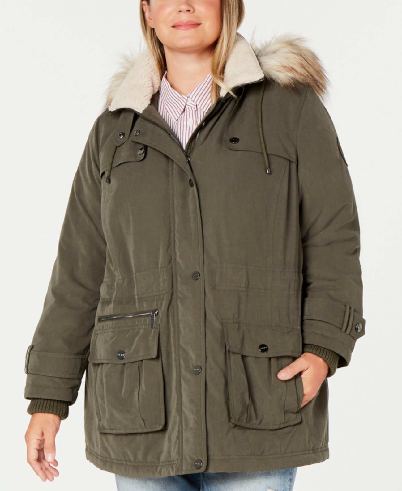 Водостойкое пальто-капюшон с капюшоном большого размера с отделкой из искусственного меха, созданный для Macy's DKNY