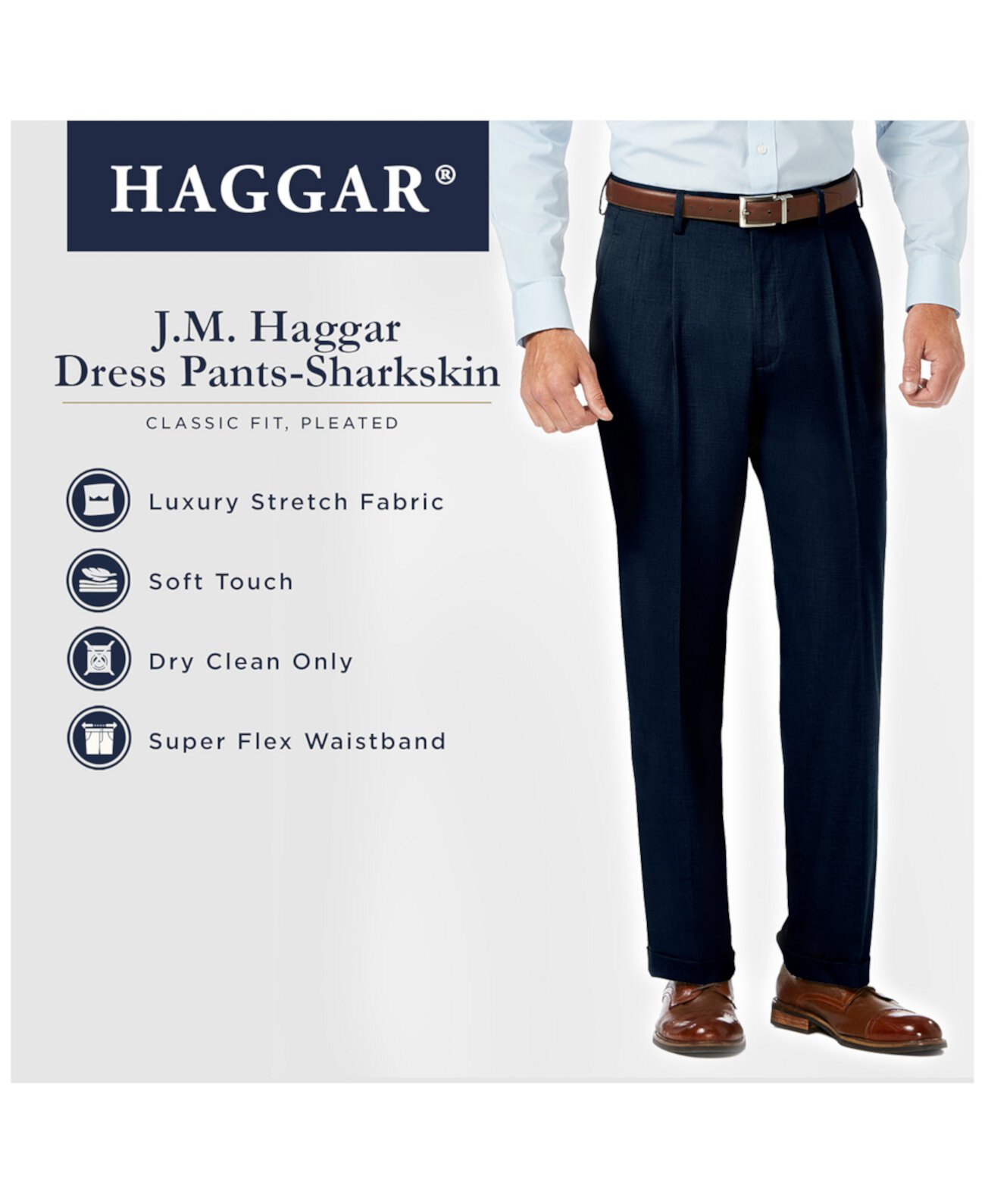Классические плиссированные классические брюки со скрытым расширяющимся поясом J.M. Sharkskin HAGGAR