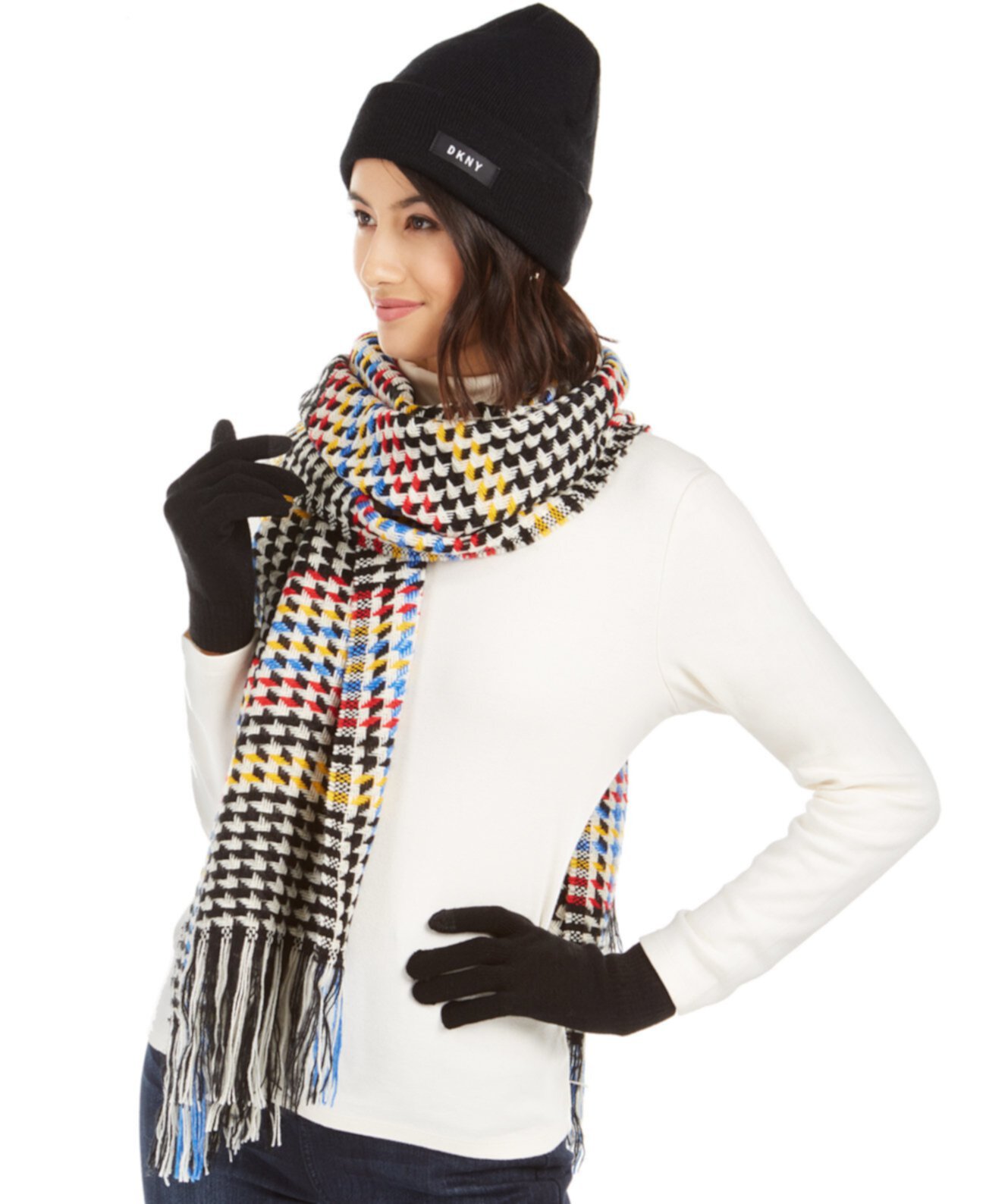 3-Рс. Шапка, перчатки и шарф с рисунком "гусиные лапки" DKNY