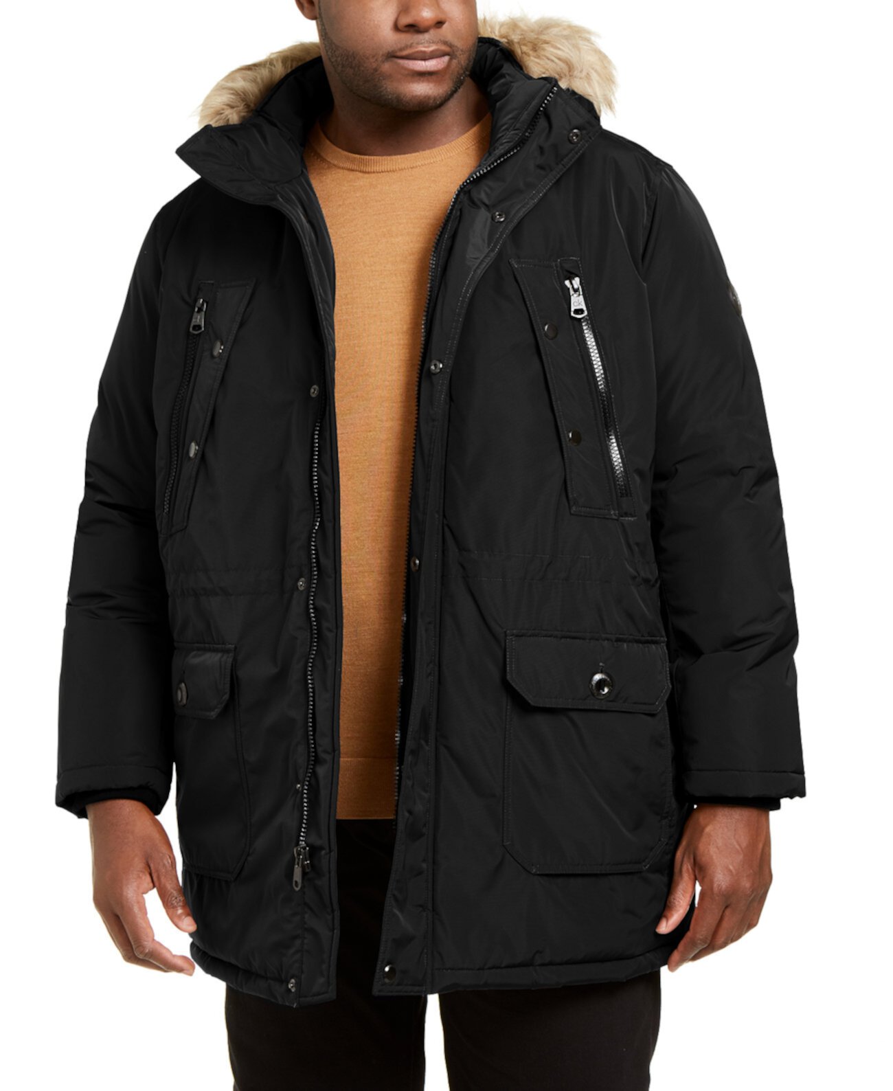 Мужское длинное пальто для сноркелинга Big & Tall с капюшоном с отделкой из искусственного меха Calvin Klein