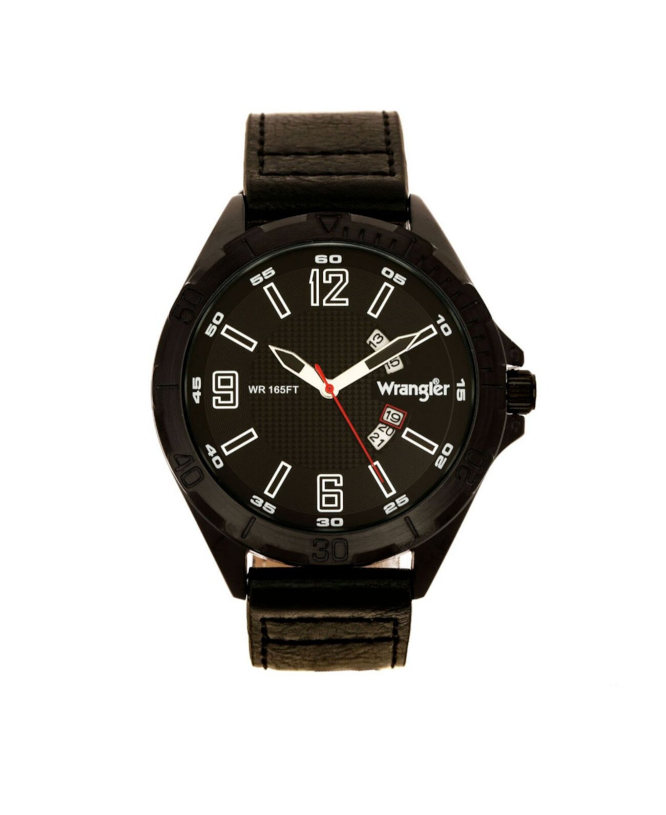 Мужские часы, черный корпус 48 мм IP, черный циферблат с текстурой, арабские цифры, прочный коричневый ремешок с текстурой, аналоговый, секундная стрелка, функция даты Wrangler