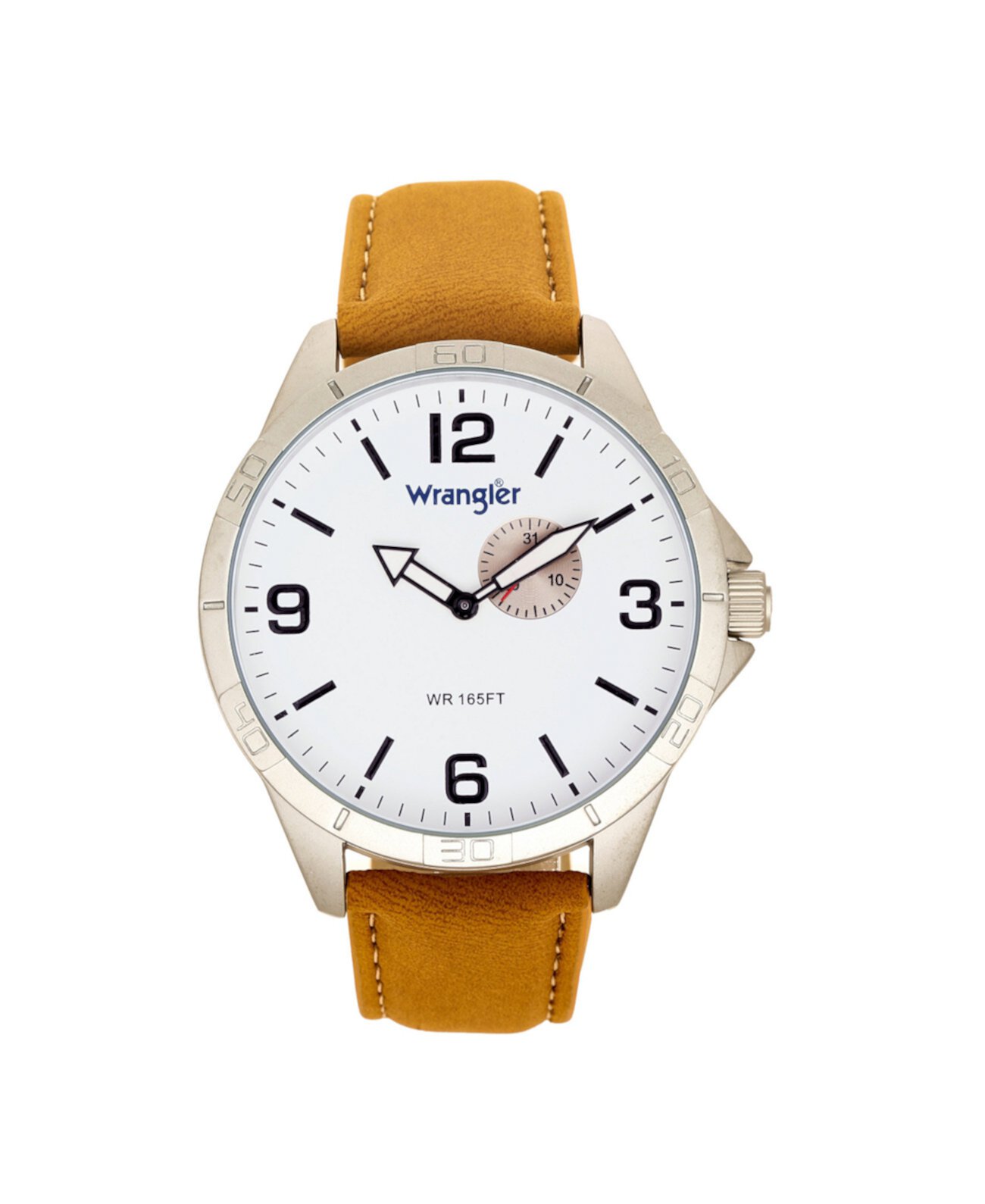 Мужские часы, корпус 48 мм с IP-защитой, белый циферблат, дополнительный циферблат, коричневый ремешок Wrangler