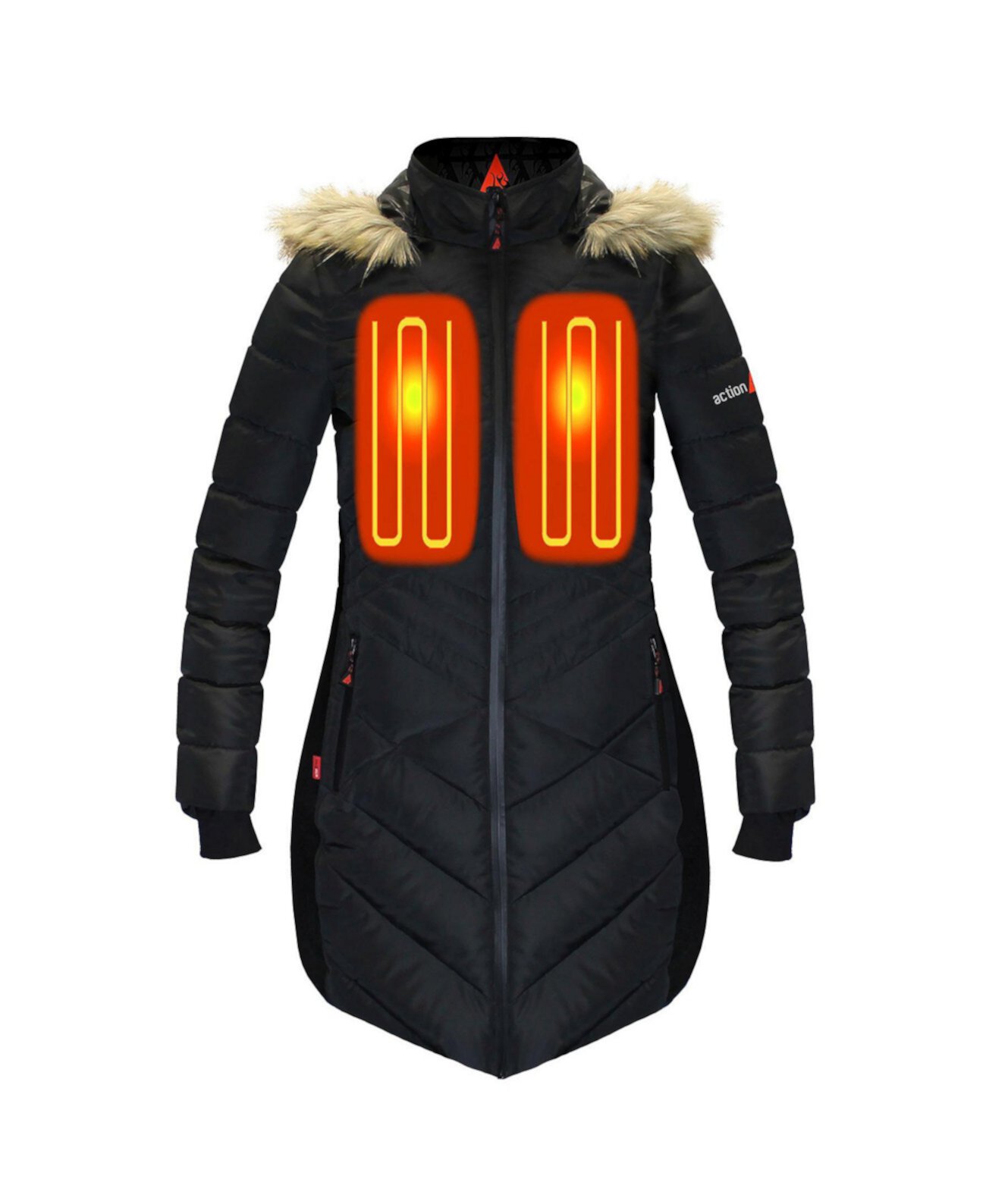 Женская длинная куртка-пуховик с подогревом на батарейках 5V и капюшоном ActionHeat