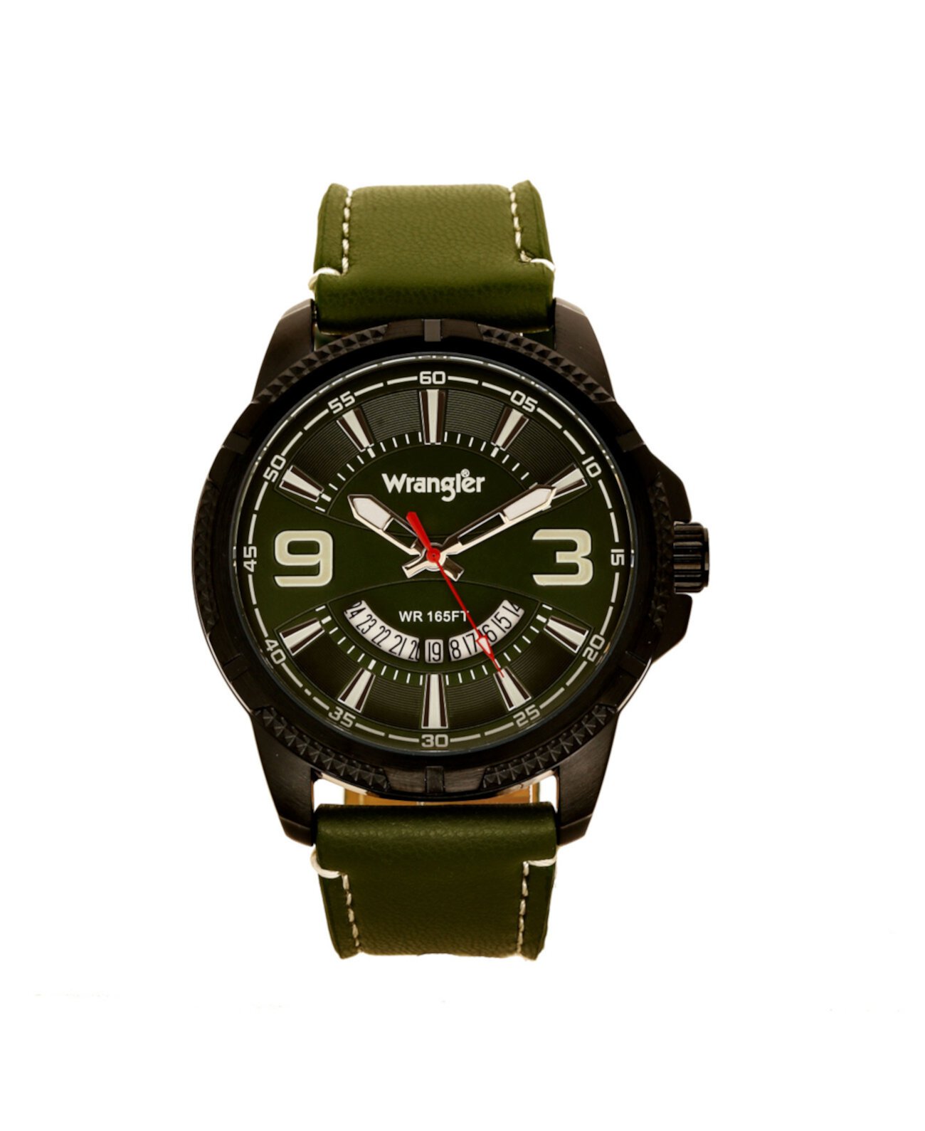 Мужские часы, черный рифленый корпус 48 мм с зеленым циферблатом с зонами, внешняя зона фрезерована белыми индексными маркерами, внешнее кольцо имеет белый цвет, аналоговые часы с красной секундной стрелкой и полумесяцем Wrangler