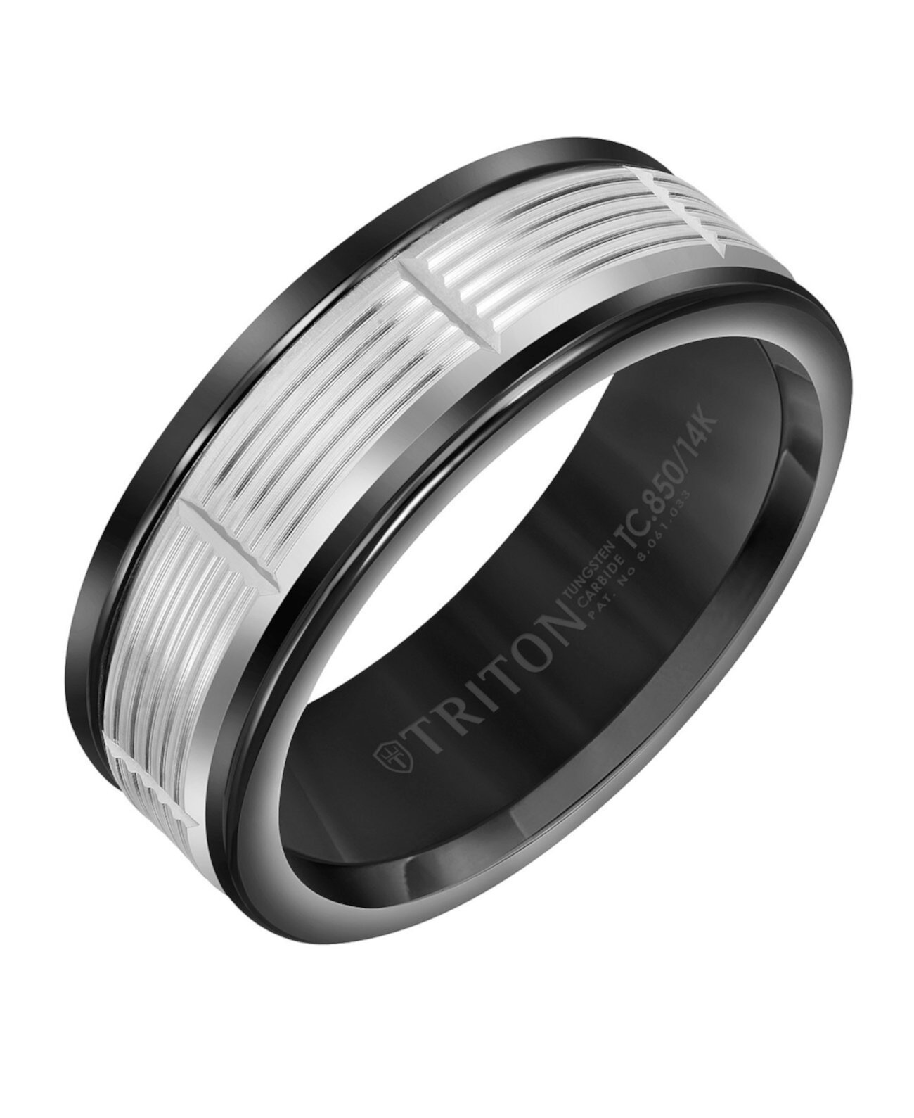 Черное кольцо из карбида вольфрама 8 мм с зубчатой вертикальной вставкой из белого золота 14 карат Triton