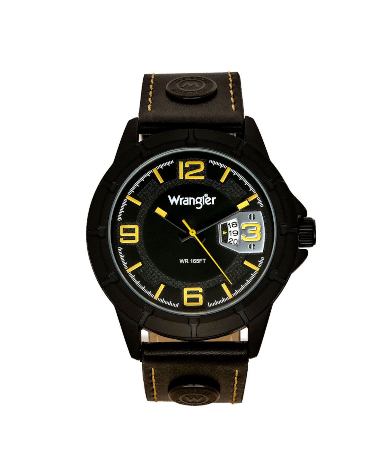 Мужские часы, 48-миллиметровый IP-корпус с черным рисунком, черный сатиновый циферблат с желтыми арабскими цифрами, аналоговый, желто-черный ремешок с заклепками с логотипом и желтой строчкой Wrangler