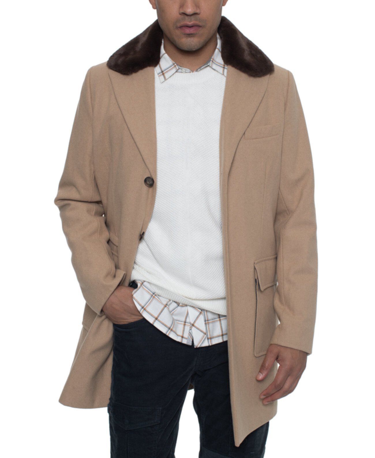 Мужское однобортное пальто для прогулок со съемным воротником из искусственной норки Sean John