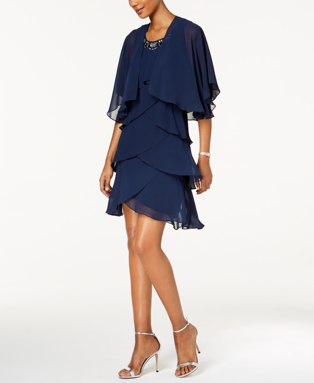 Embellished Tiered Chiffon Dress & Capelet SL Fashions