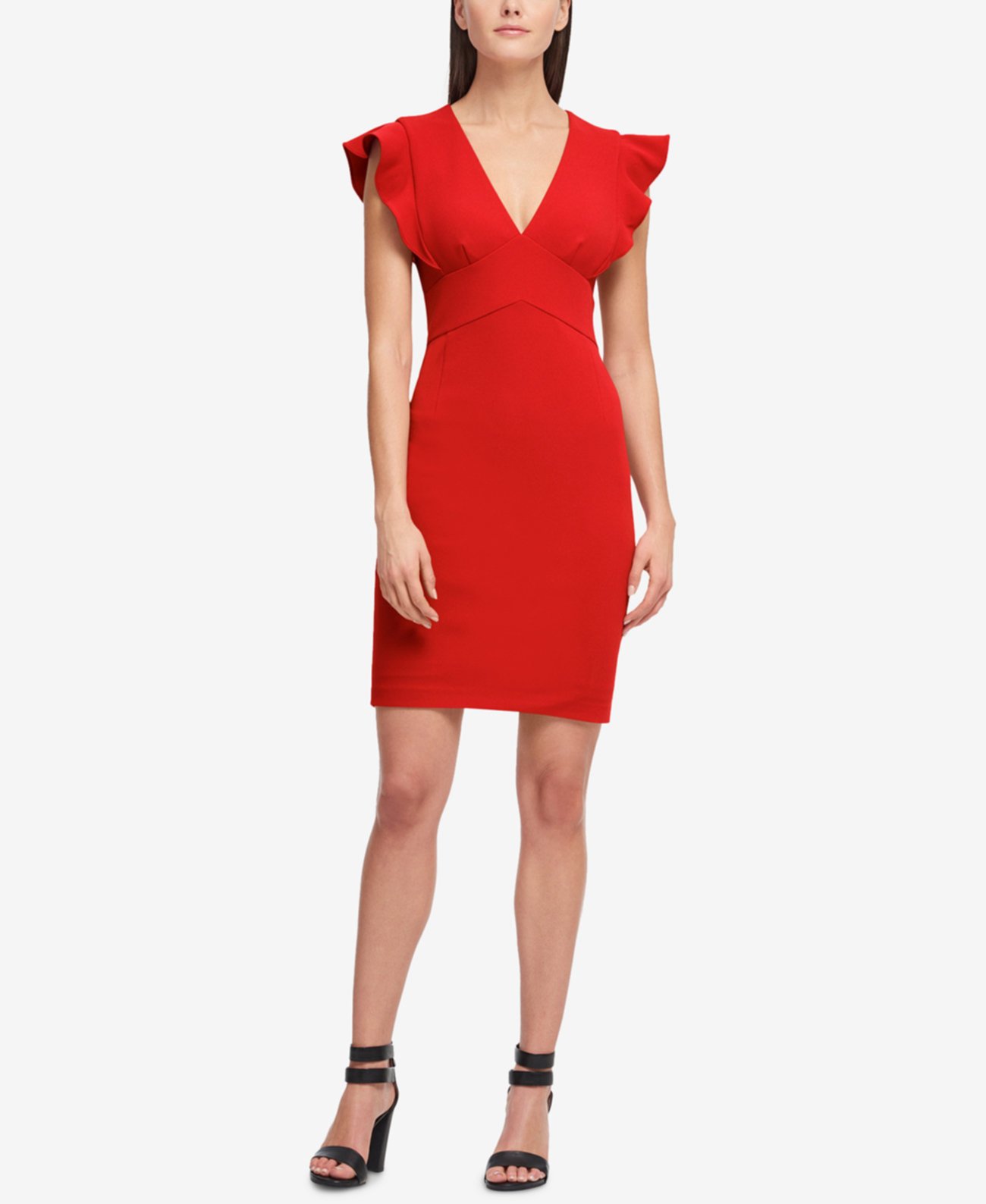 Платье-футляр с V-образным вырезом и оборками DKNY